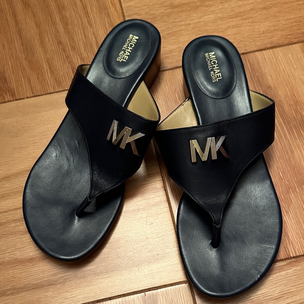 Michael Kors Navy Sandals with Silver MK Logo